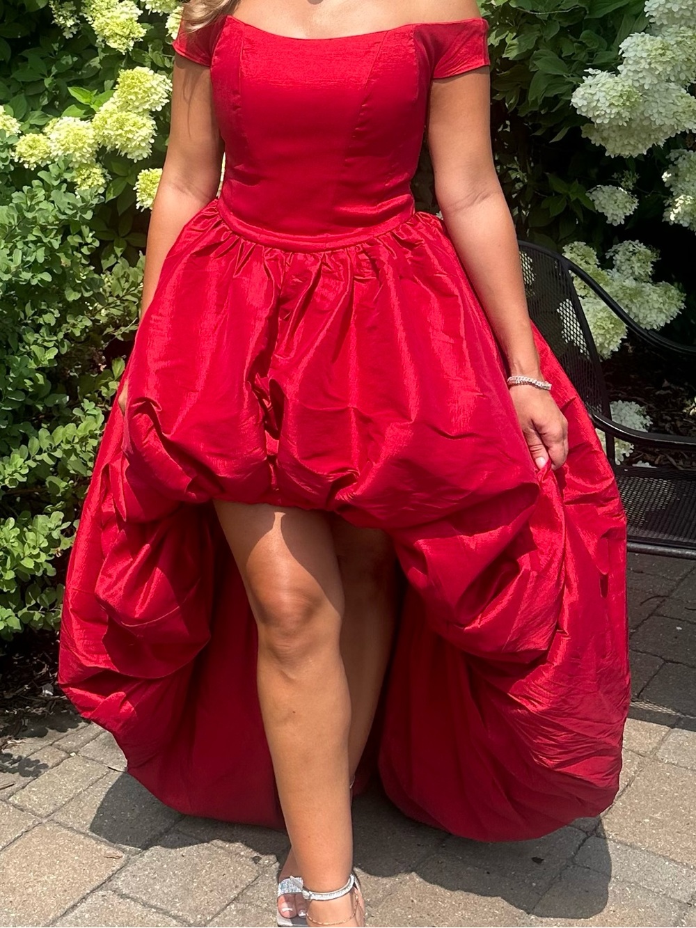 Meshki Strapless High-Low Ball Gown in Red